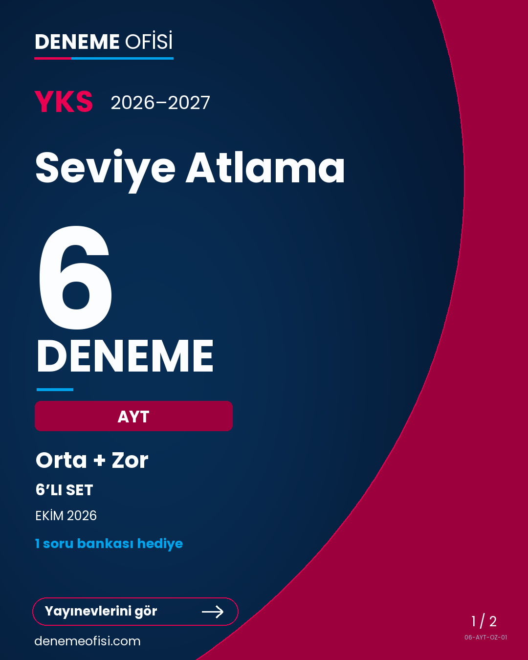 Seviye Atlama 6'lı AYT Deneme Paketi – Orta + Zor – Seçenek 1 (2026–2027)