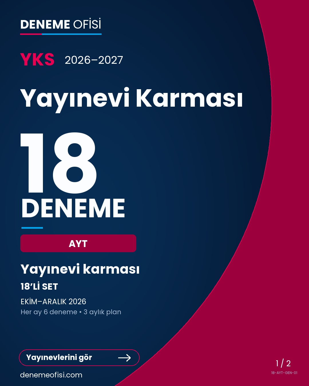 Yayınevi Karması 18'li AYT Deneme Paketi – Yayınevi karması – Seçenek 1 (2026–2027)