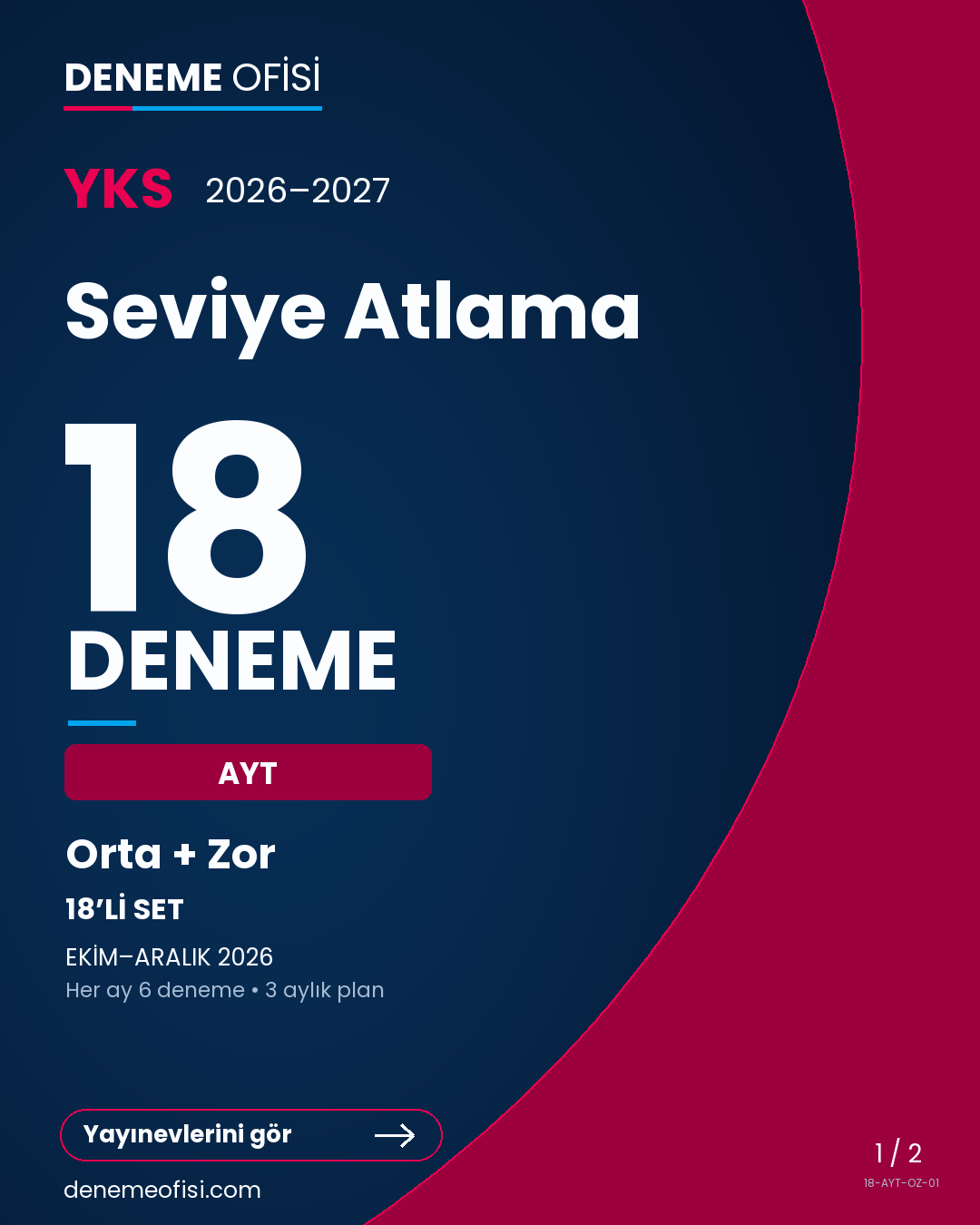 Seviye Atlama 18'li AYT Deneme Paketi – Orta + Zor – Seçenek 1 (2026–2027)