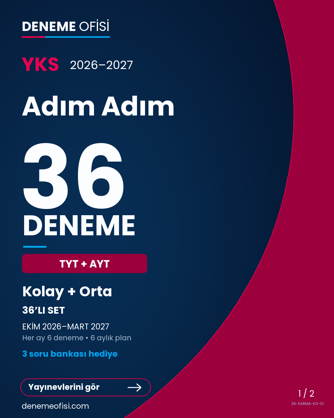Adım Adım 36'lı TYT + AYT Deneme Paketi – Kolay + Orta – Seçenek 1 (2026–2027)