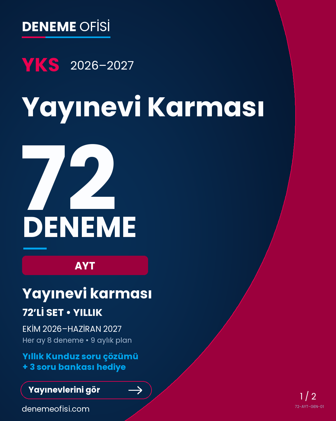 Yayınevi Karması 72'li AYT Deneme Paketi – Yayınevi karması – Seçenek 1 (2026–2027)