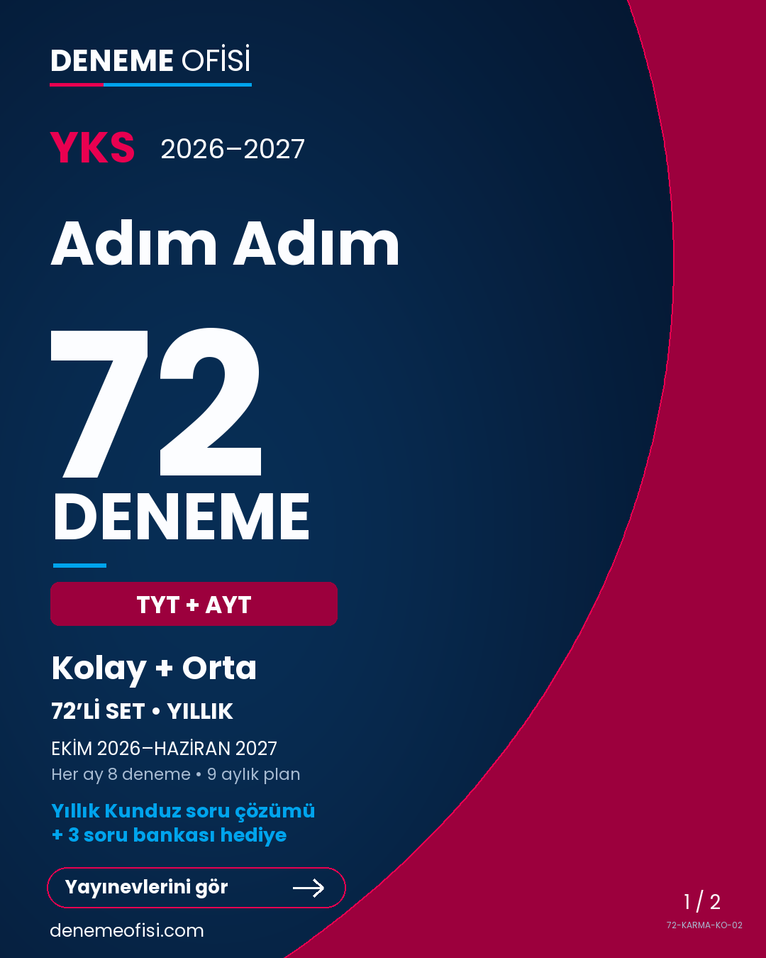 Adım Adım 72'li TYT + AYT Deneme Paketi – Kolay + Orta – Seçenek 2 (2026–2027)
