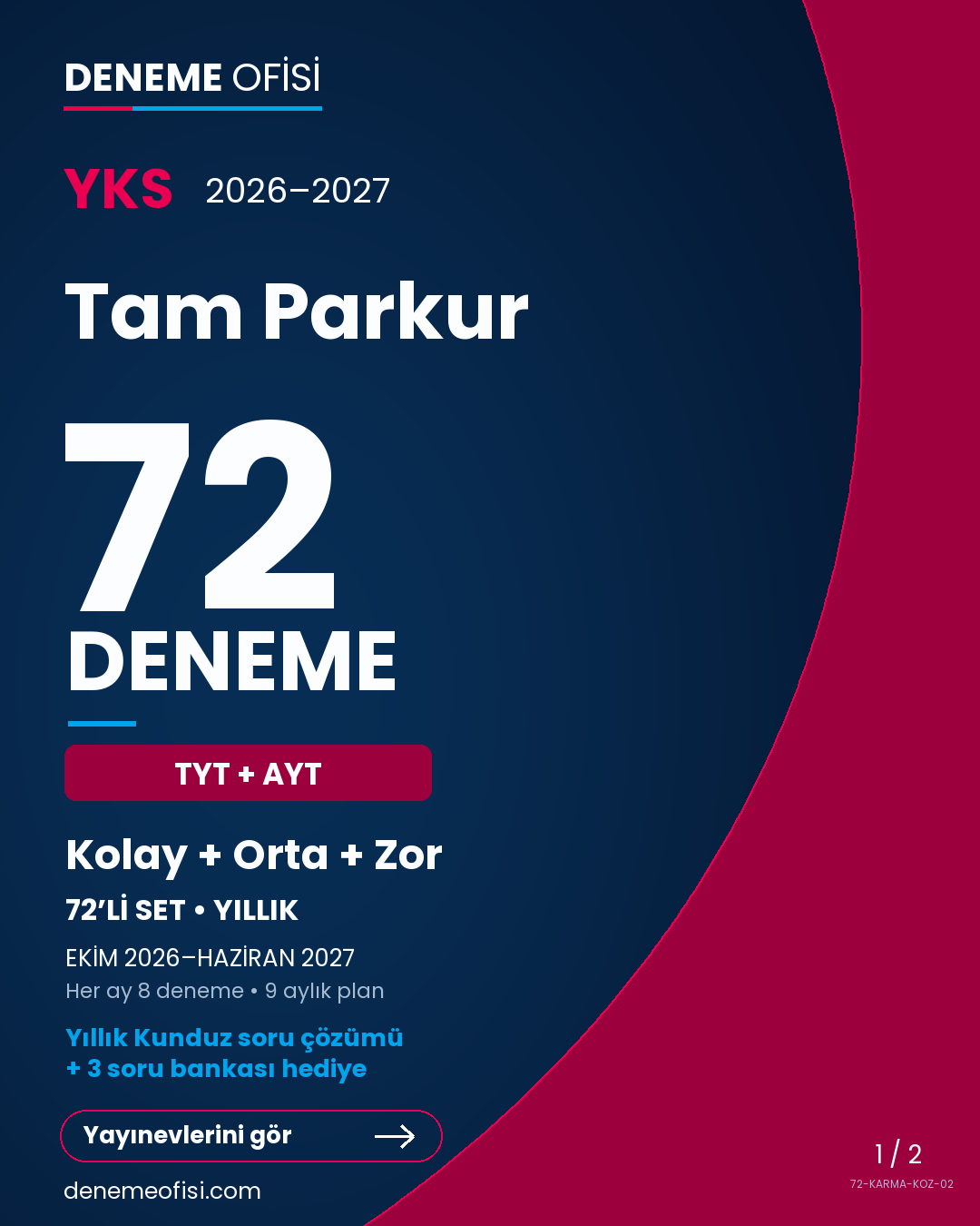 Tam Parkur 72'li TYT + AYT Deneme Paketi – Kolay + Orta + Zor – Seçenek 2 (2026–2027)