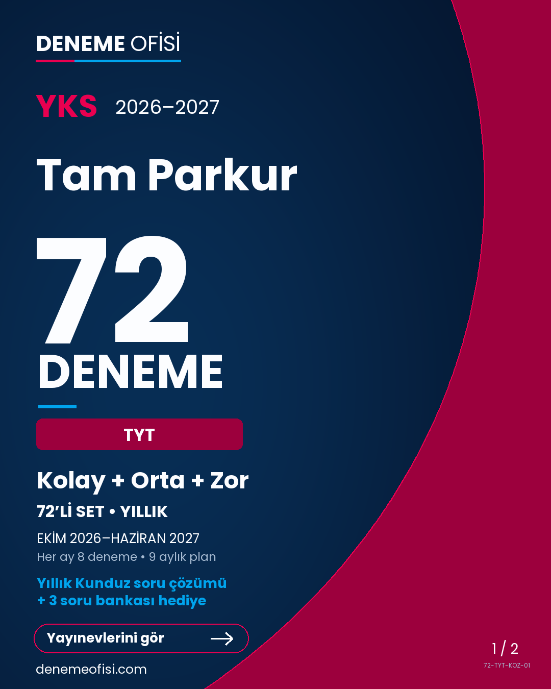 Tam Parkur 72'li TYT Deneme Paketi – Kolay + Orta + Zor – Seçenek 1 (2026–2027)
