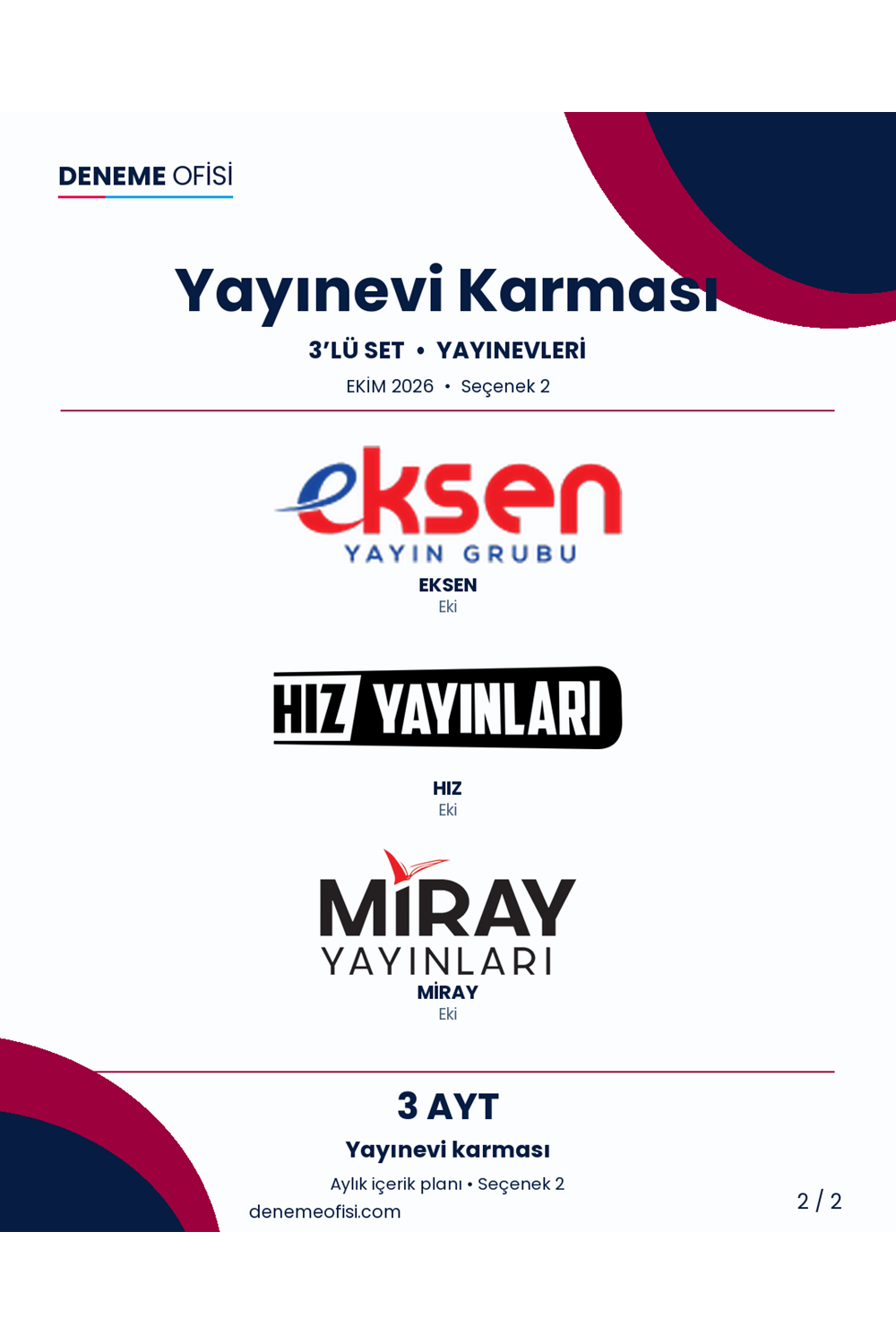Yayınevi Karması 3'lü AYT Deneme Paketi – Yayınevi karması – Seçenek 2 (2026–2027)