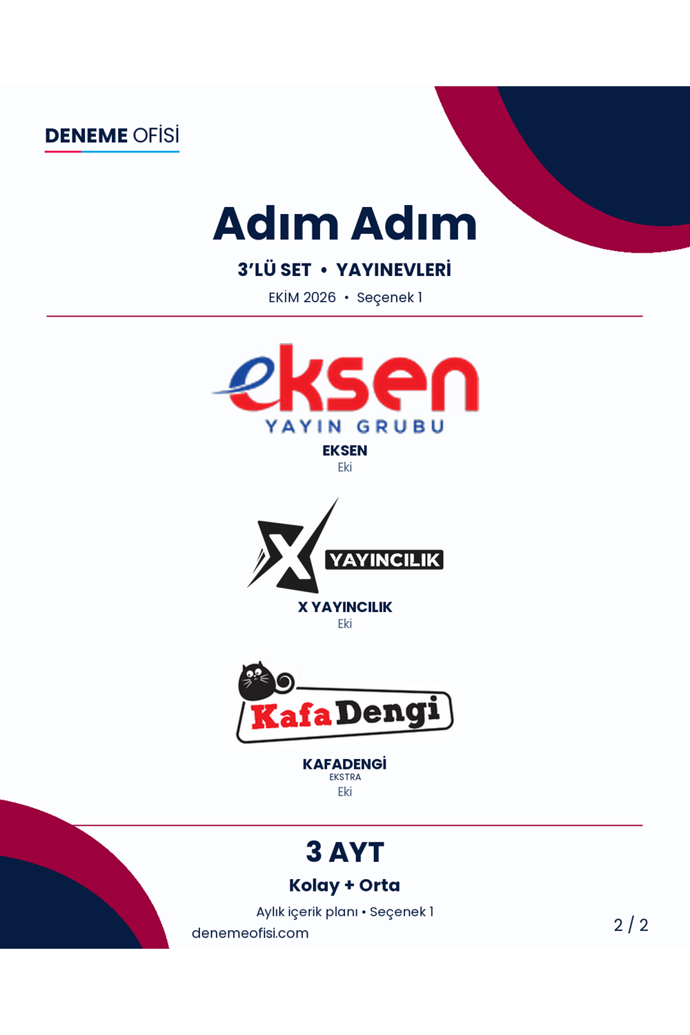 Adım Adım 3'lü AYT Deneme Paketi – Kolay + Orta – Seçenek 1 (2026–2027)