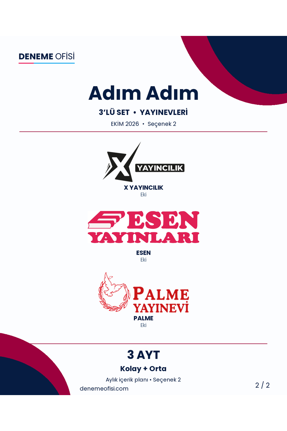 Adım Adım 3'lü AYT Deneme Paketi – Kolay + Orta – Seçenek 2 (2026–2027)