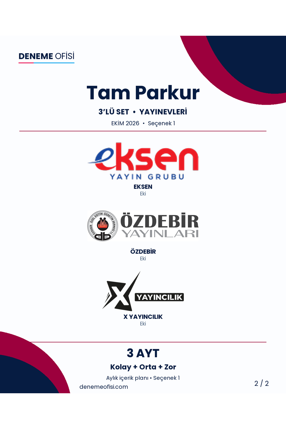 Tam Parkur 3'lü AYT Deneme Paketi – Kolay + Orta + Zor – Seçenek 1 (2026–2027)