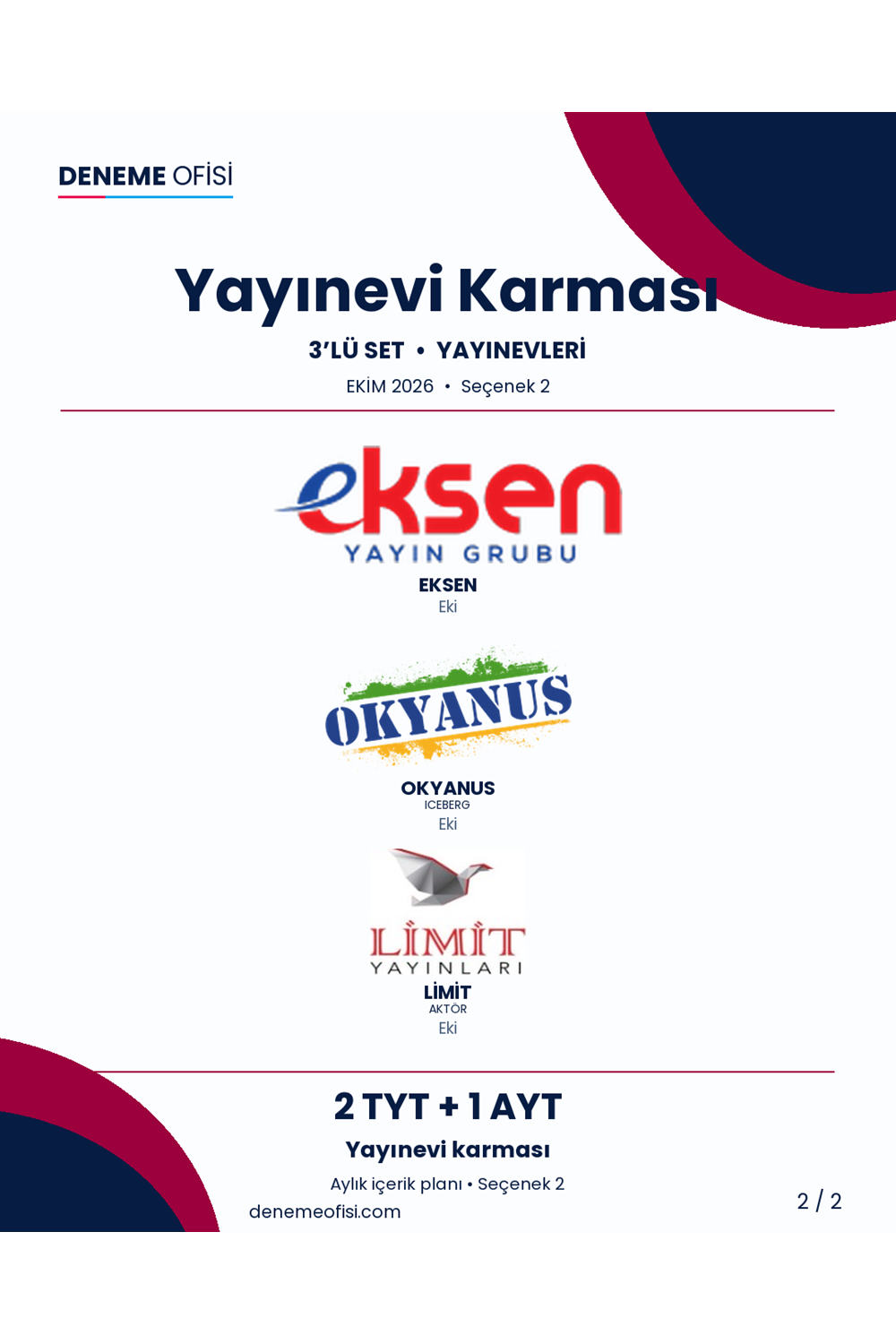 Yayınevi Karması 3'lü TYT + AYT Deneme Paketi – Yayınevi karması – Seçenek 2 (2026–2027)