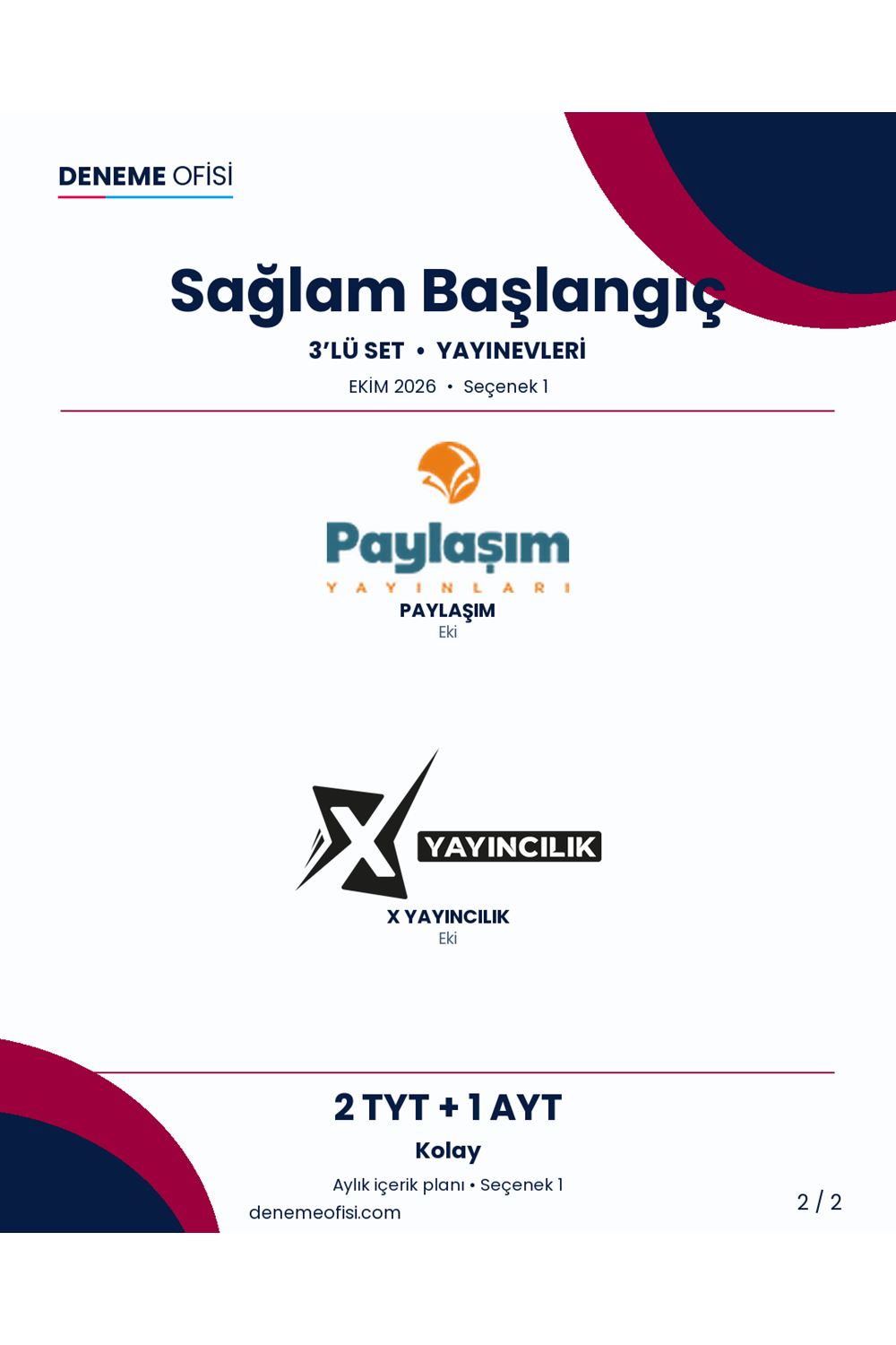 Sağlam Başlangıç 3'lü TYT + AYT Deneme Paketi – Kolay – Seçenek 1 (2026–2027)