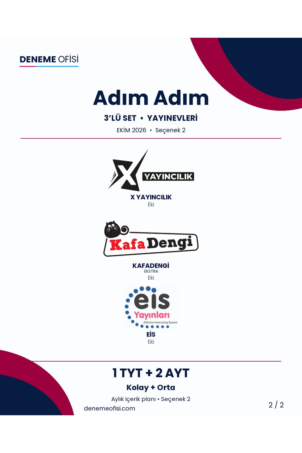 Adım Adım 3'lü TYT + AYT Deneme Paketi – Kolay + Orta – Seçenek 2 (2026–2027)