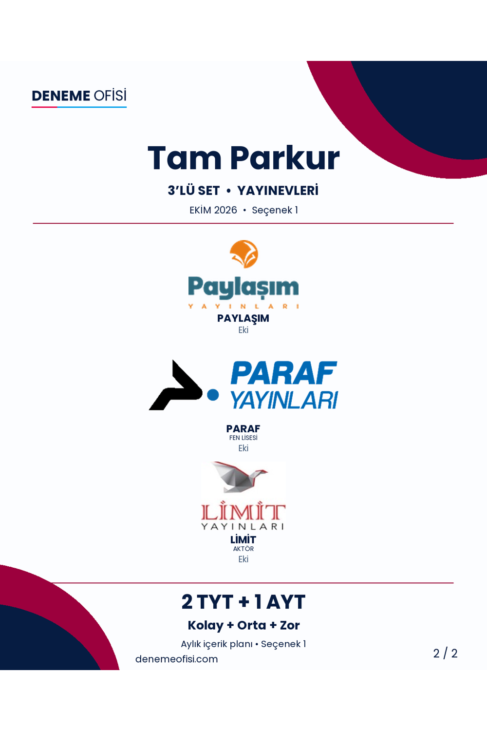 Tam Parkur 3'lü TYT + AYT Deneme Paketi – Kolay + Orta + Zor – Seçenek 1 (2026–2027)