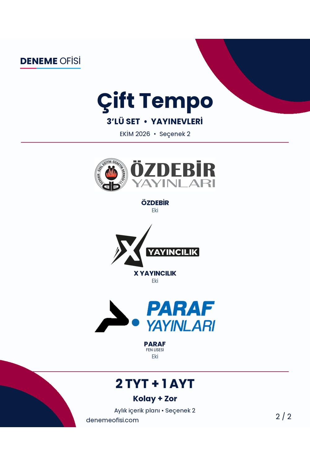 Çift Tempo 3'lü TYT + AYT Deneme Paketi – Kolay + Zor – Seçenek 2 (2026–2027)