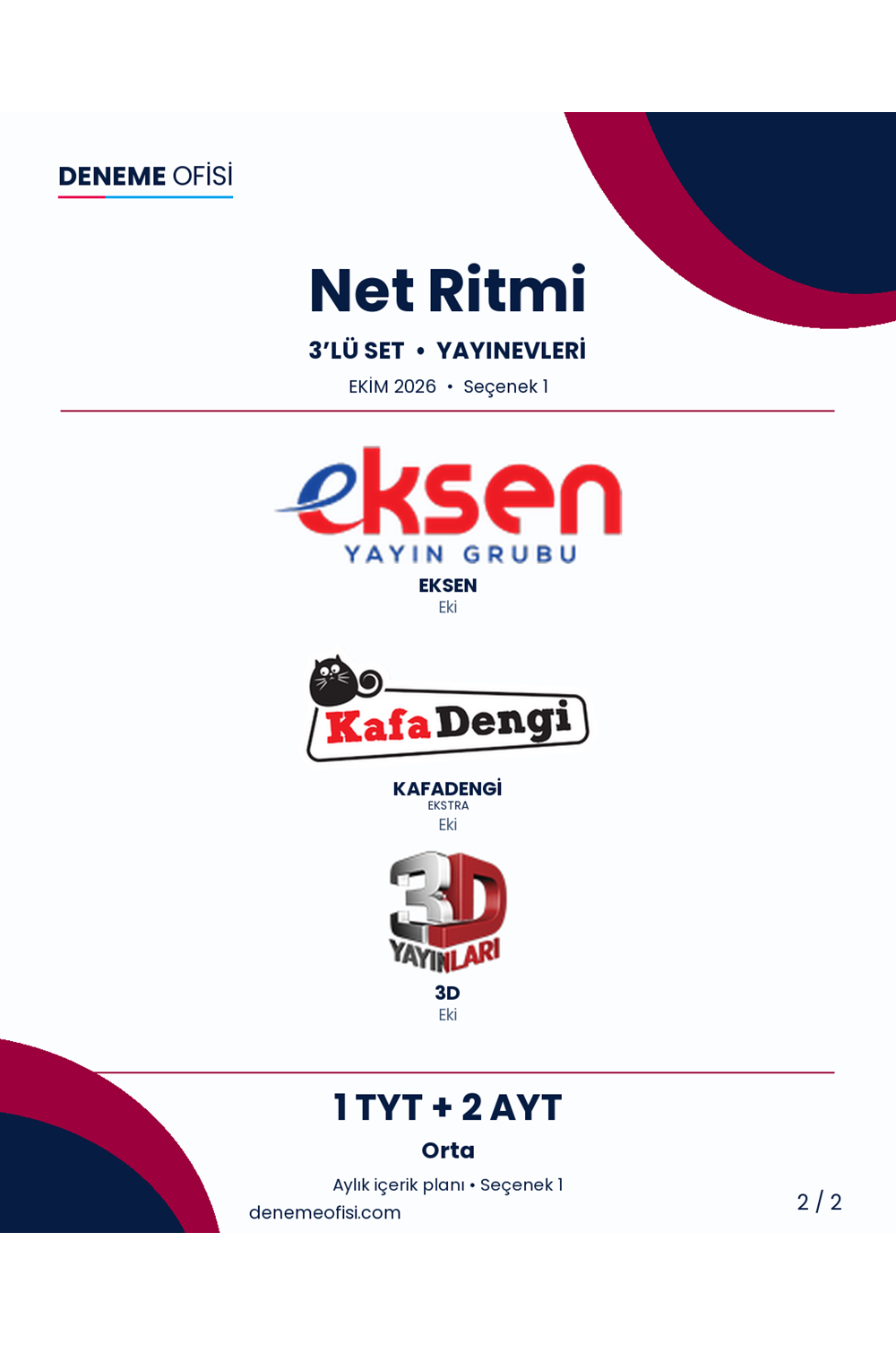 Net Ritmi 3'lü TYT + AYT Deneme Paketi – Orta – Seçenek 1 (2026–2027)