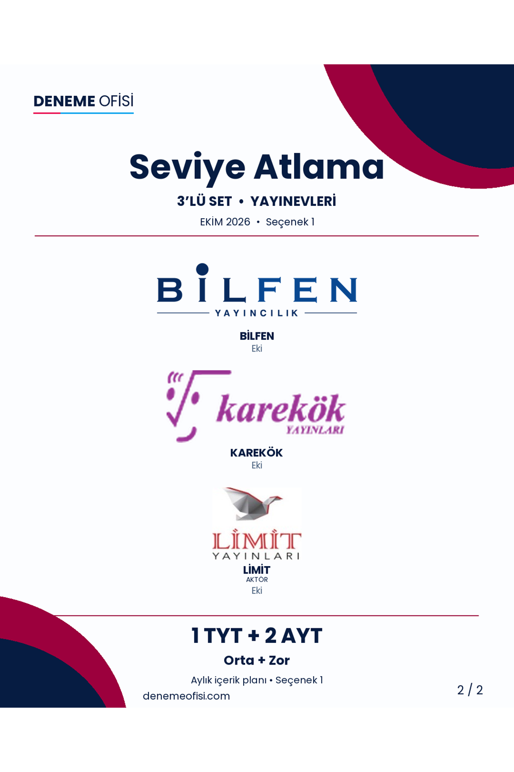 Seviye Atlama 3'lü TYT + AYT Deneme Paketi – Orta + Zor – Seçenek 1 (2026–2027)