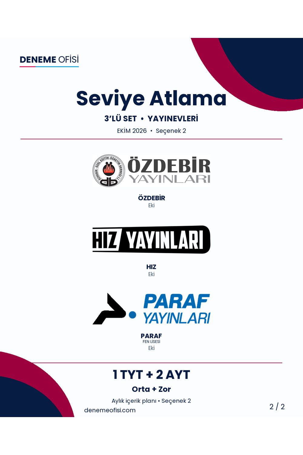 Seviye Atlama 3'lü TYT + AYT Deneme Paketi – Orta + Zor – Seçenek 2 (2026–2027)