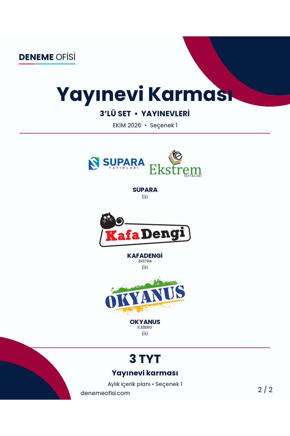 Yayınevi Karması 3'lü TYT Deneme Paketi – Yayınevi karması – Seçenek 1 (2026–2027)