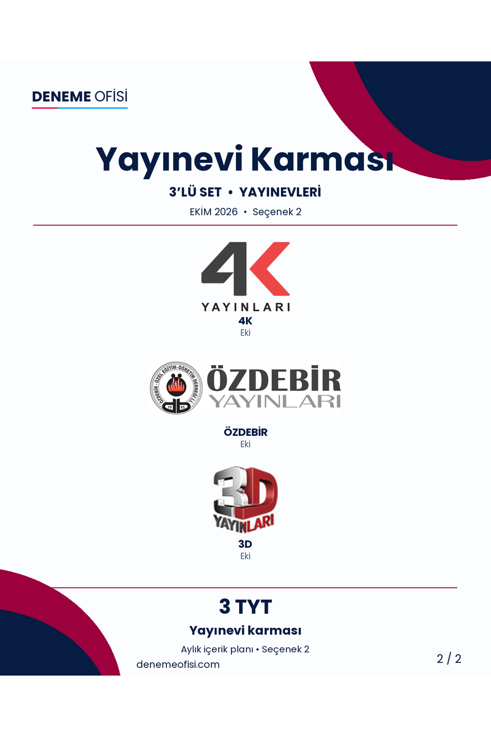 Yayınevi Karması 3'lü TYT Deneme Paketi – Yayınevi karması – Seçenek 2 (2026–2027)