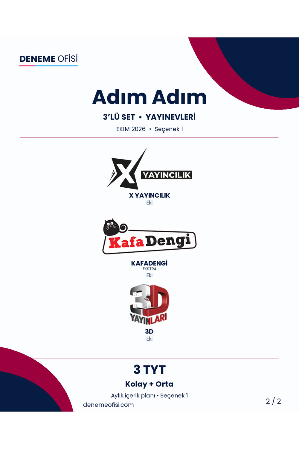 Adım Adım 3'lü TYT Deneme Paketi – Kolay + Orta – Seçenek 1 (2026–2027)
