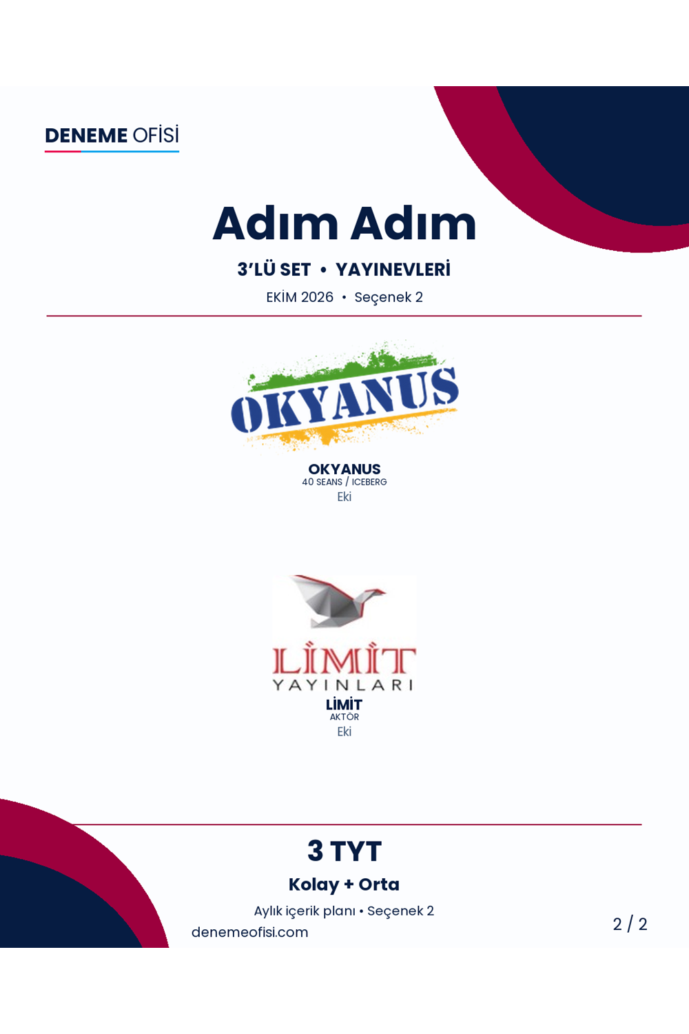 Adım Adım 3'lü TYT Deneme Paketi – Kolay + Orta – Seçenek 2 (2026–2027)