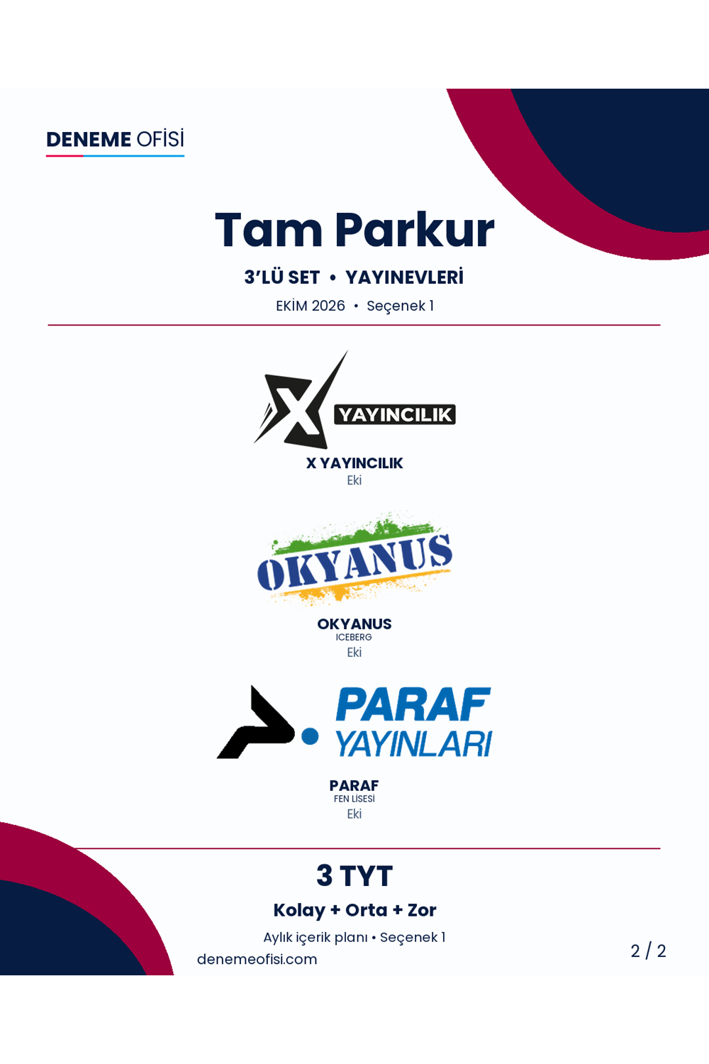 Tam Parkur 3'lü TYT Deneme Paketi – Kolay + Orta + Zor – Seçenek 1 (2026–2027)