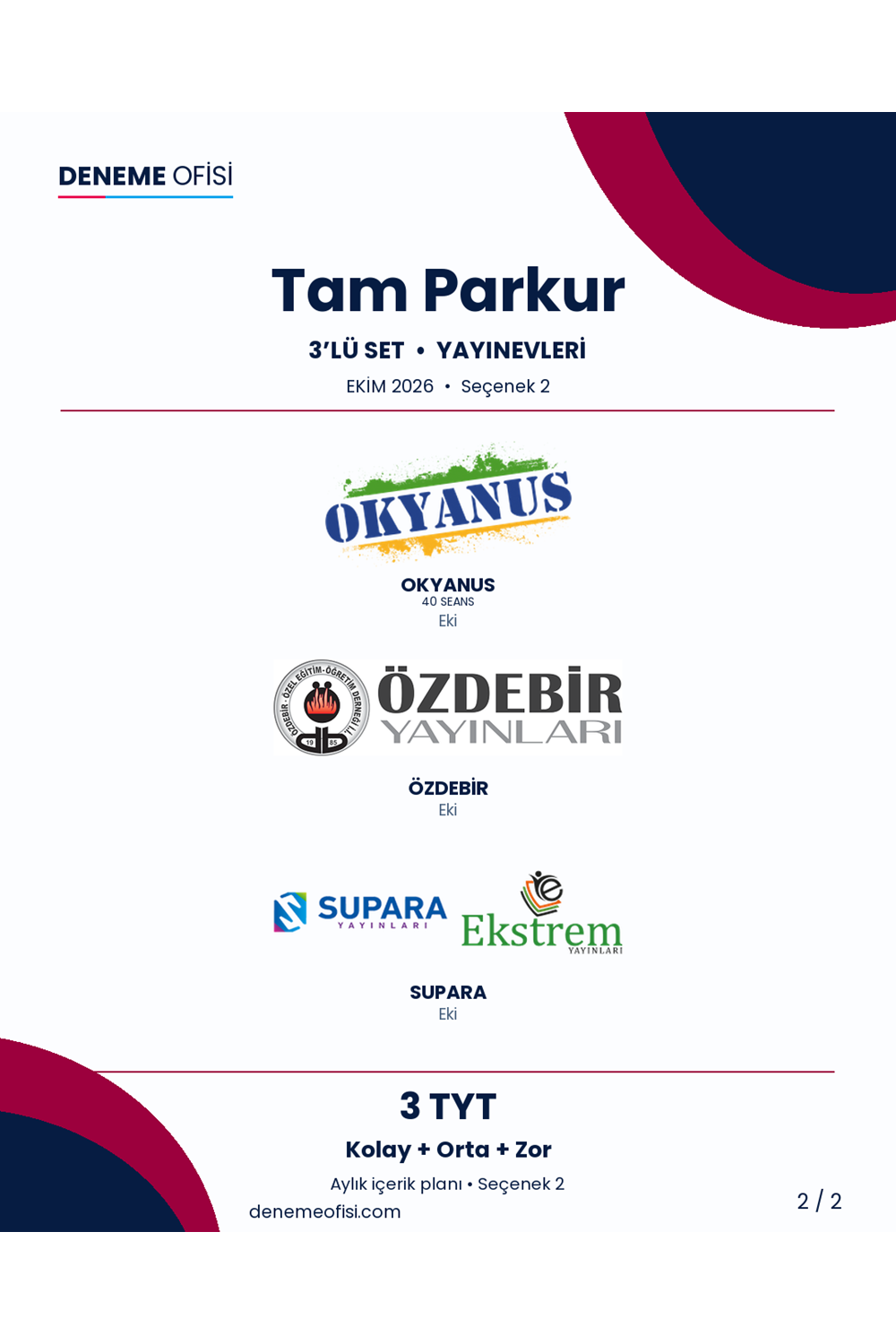 Tam Parkur 3'lü TYT Deneme Paketi – Kolay + Orta + Zor – Seçenek 2 (2026–2027)