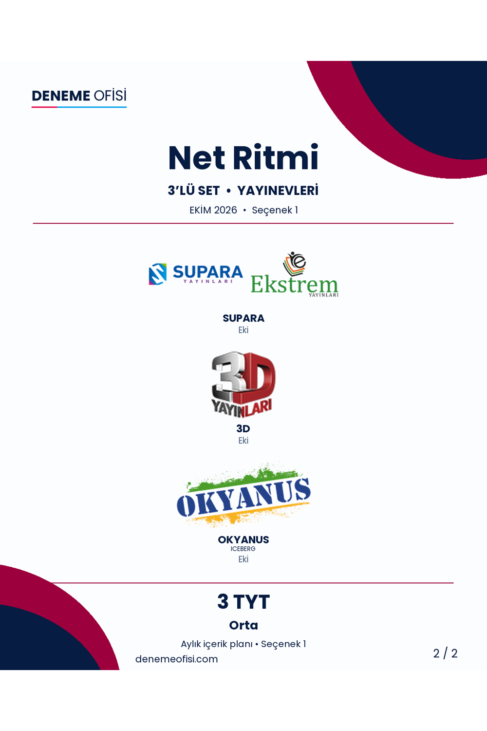 Net Ritmi 3'lü TYT Deneme Paketi – Orta – Seçenek 1 (2026–2027)
