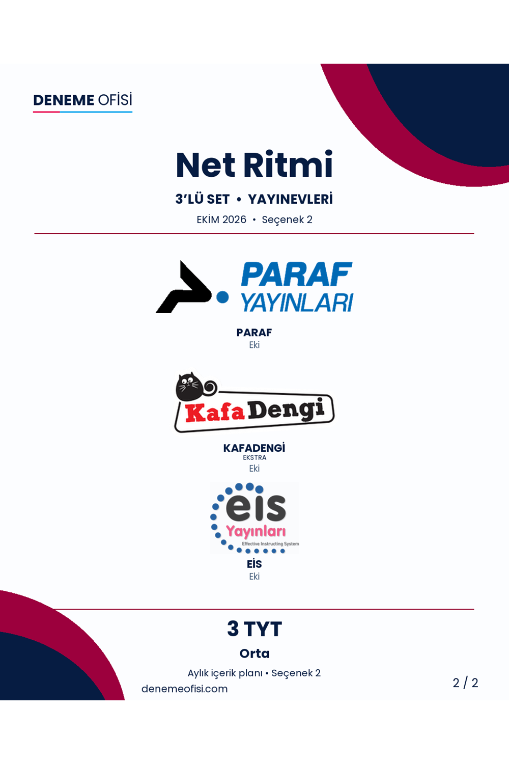 Net Ritmi 3'lü TYT Deneme Paketi – Orta – Seçenek 2 (2026–2027)