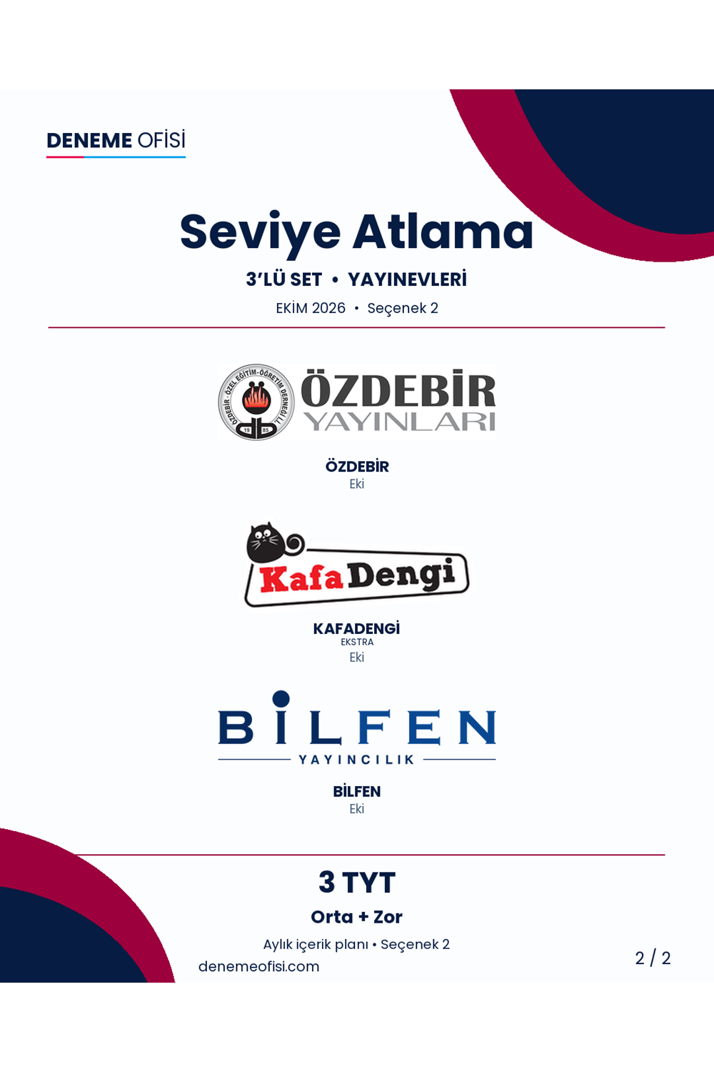 Seviye Atlama 3'lü TYT Deneme Paketi – Orta + Zor – Seçenek 2 (2026–2027)