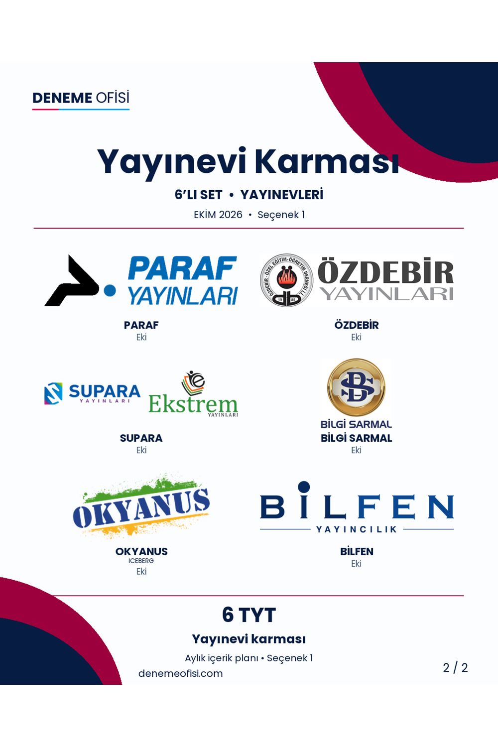 Yayınevi Karması 6'lı TYT Deneme Paketi – Yayınevi karması – Seçenek 1 (2026–2027)