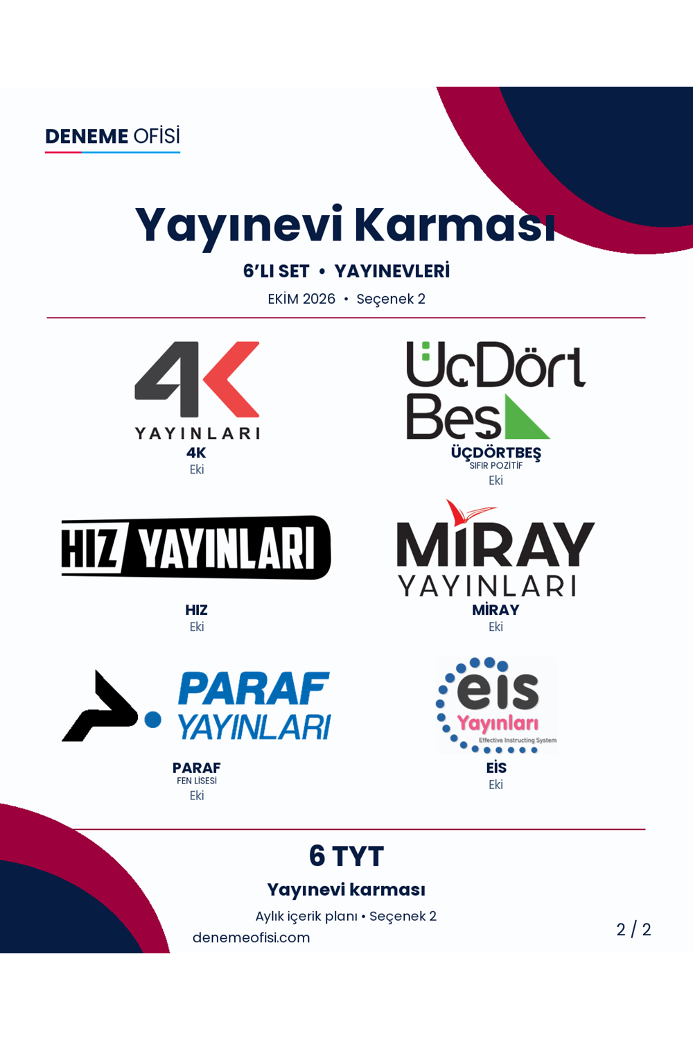 Yayınevi Karması 6'lı TYT Deneme Paketi – Yayınevi karması – Seçenek 2 (2026–2027)