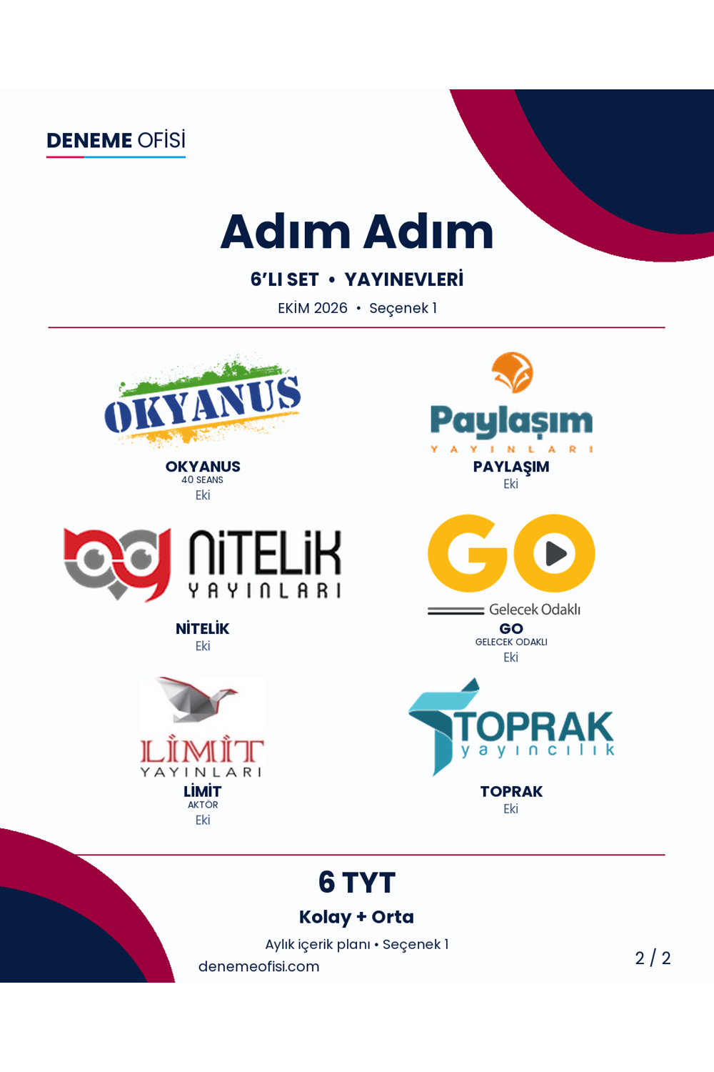 Adım Adım 6'lı TYT Deneme Paketi – Kolay + Orta – Seçenek 1 (2026–2027)