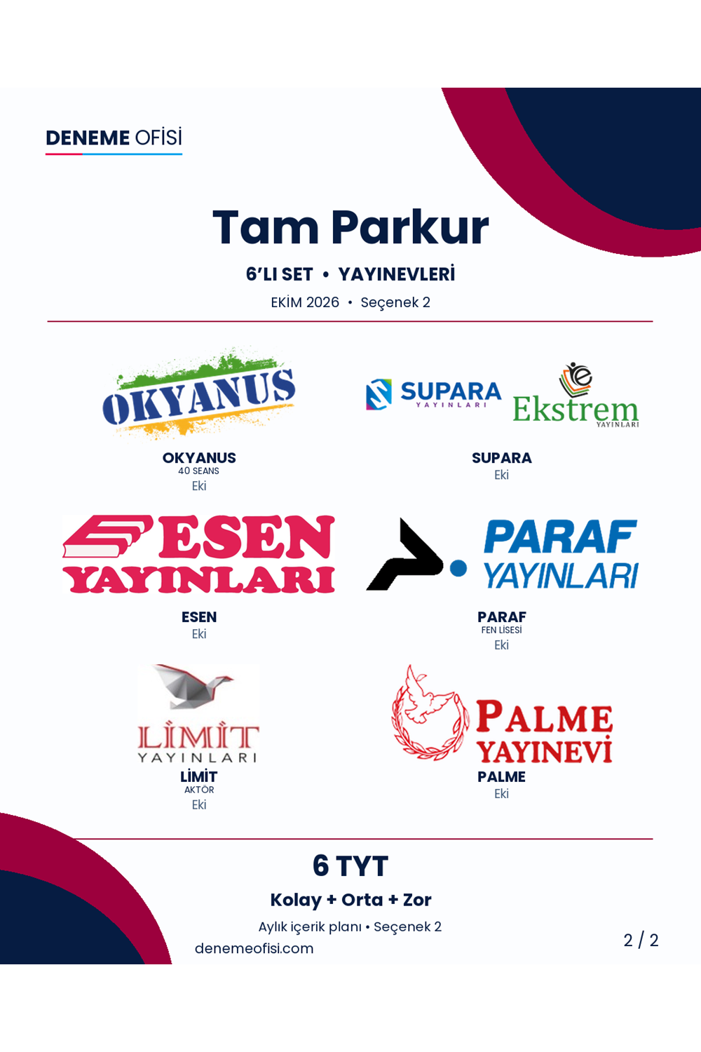 Tam Parkur 6'lı TYT Deneme Paketi – Kolay + Orta + Zor – Seçenek 2 (2026–2027)