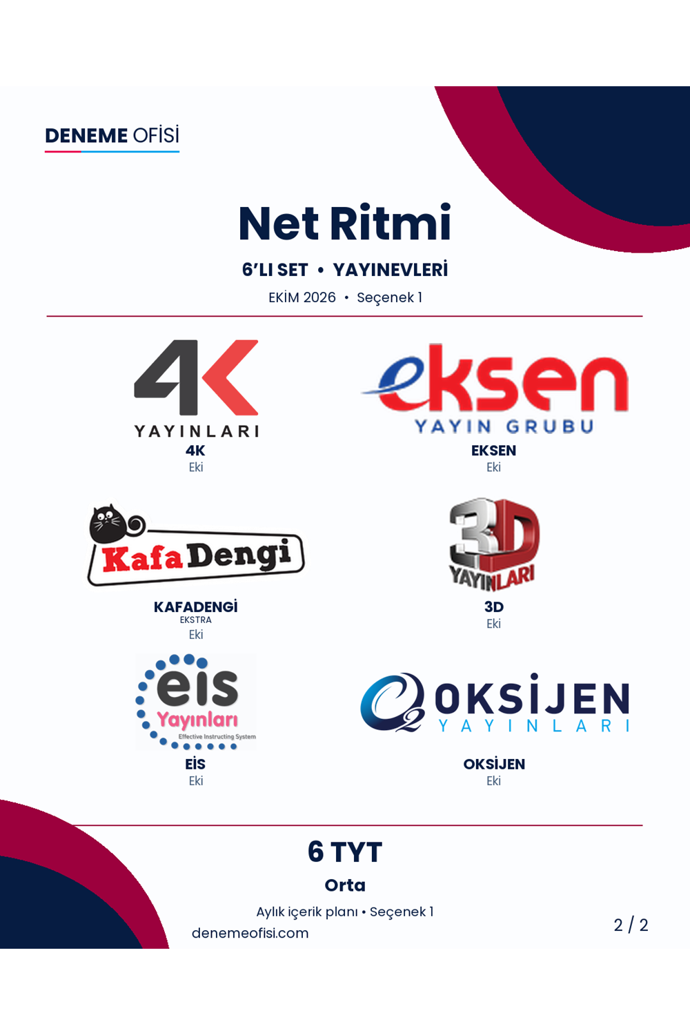 Net Ritmi 6'lı TYT Deneme Paketi – Orta – Seçenek 1 (2026–2027)