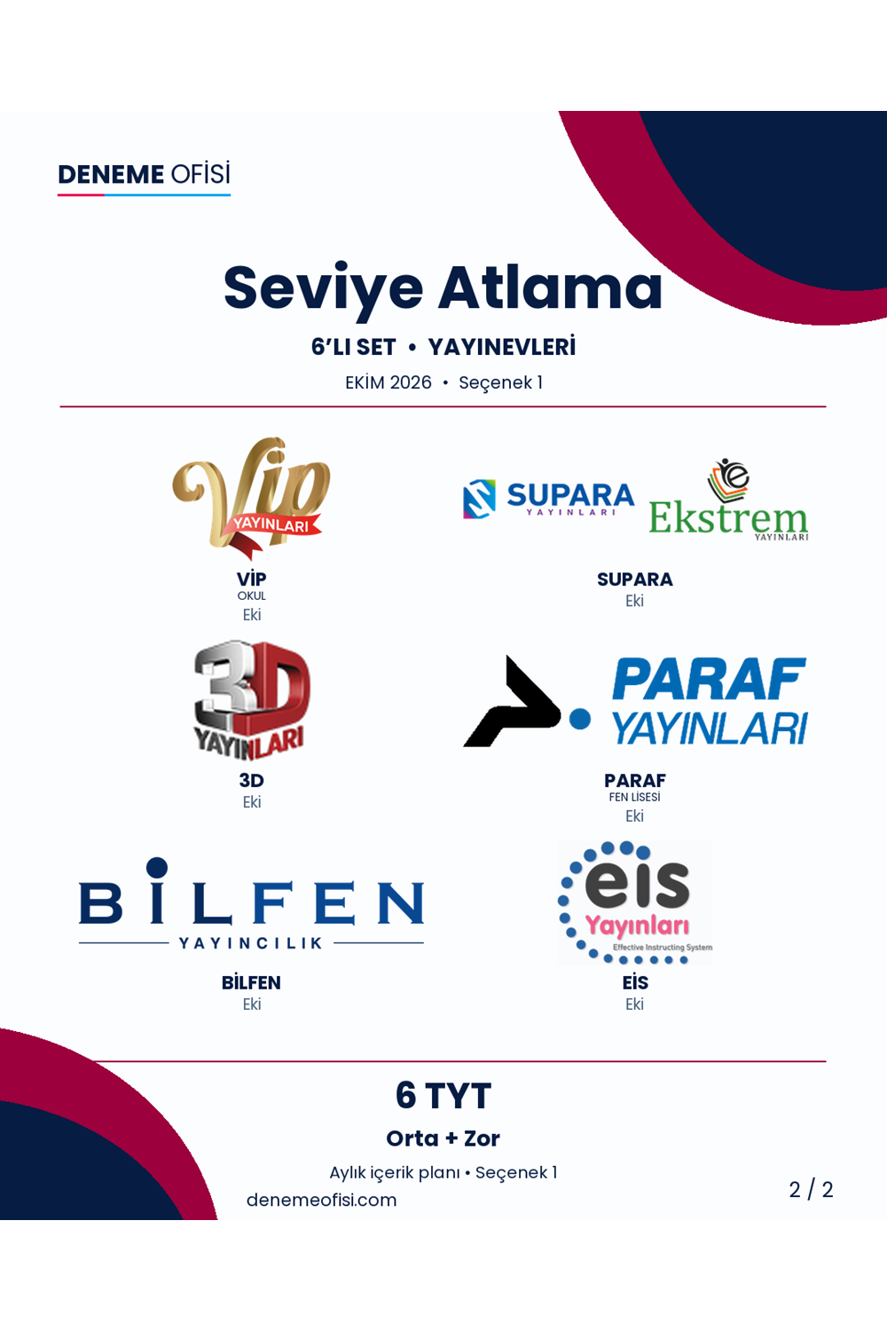 Seviye Atlama 6'lı TYT Deneme Paketi – Orta + Zor – Seçenek 1 (2026–2027)