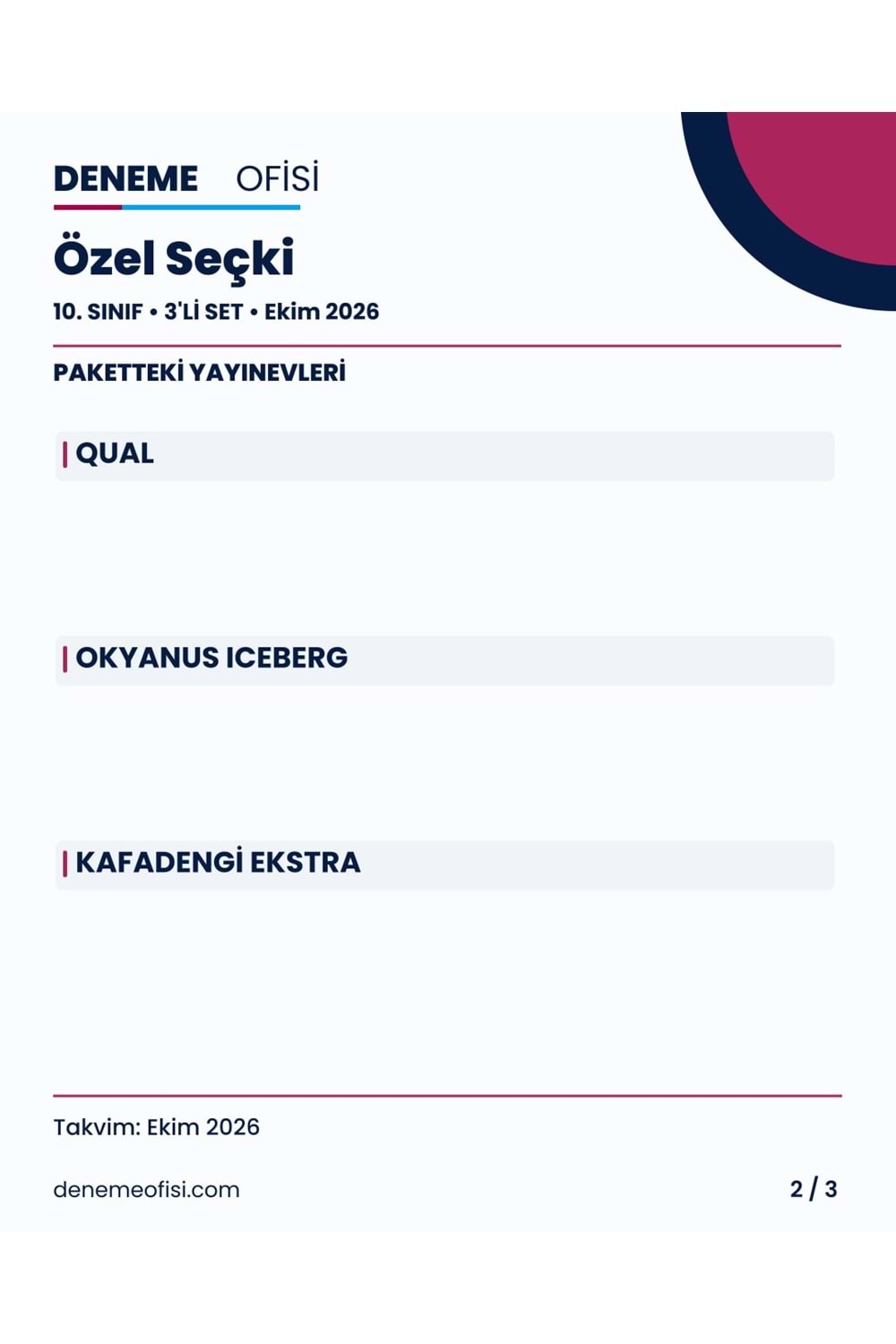 Özel Seçki 3'lü 10. Sınıf Deneme Paketi – Seçenek 9 (2026–2027)