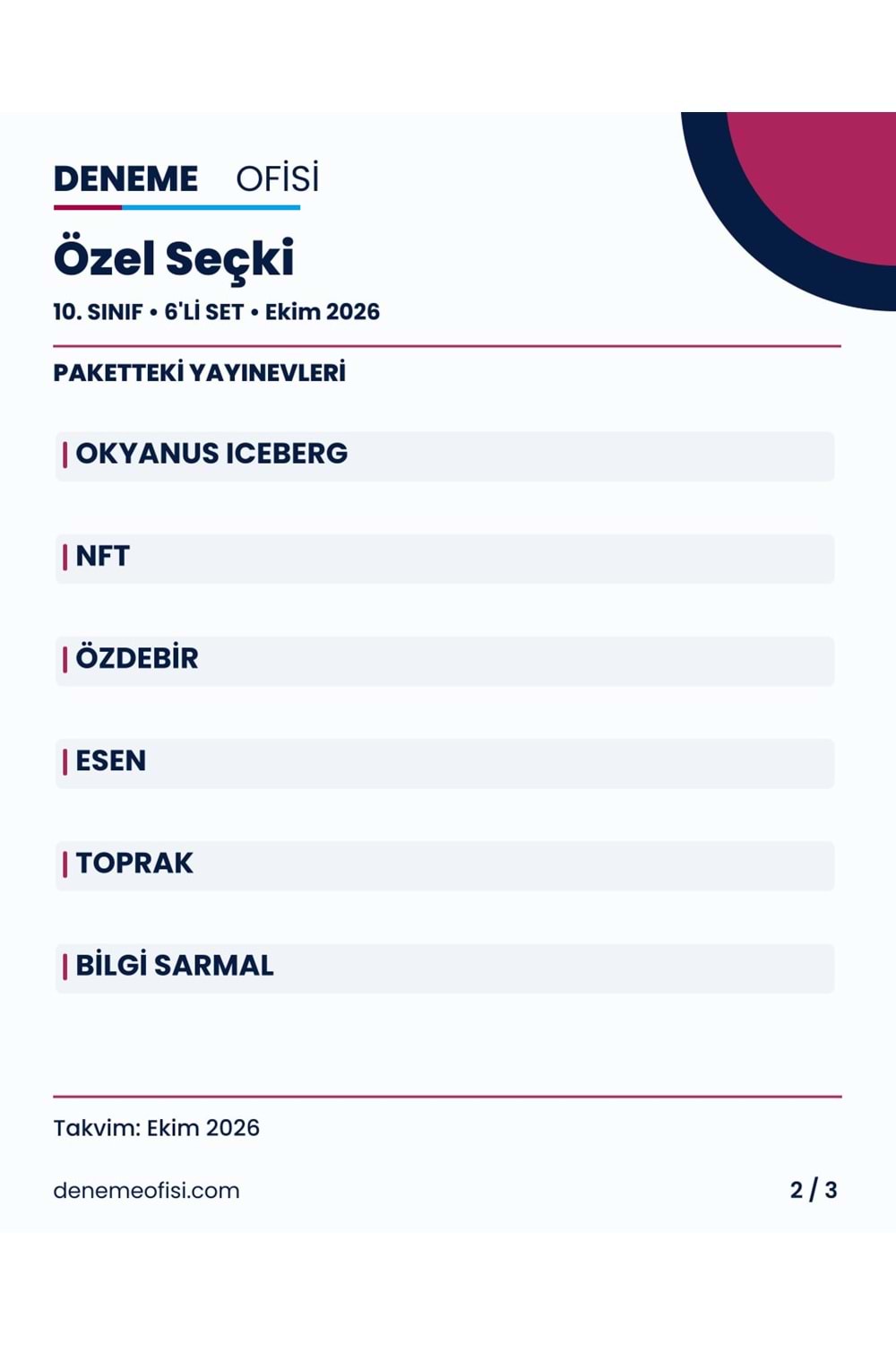 Özel Seçki 6'lı 10. Sınıf Deneme Paketi – Seçenek 9 (2026–2027)