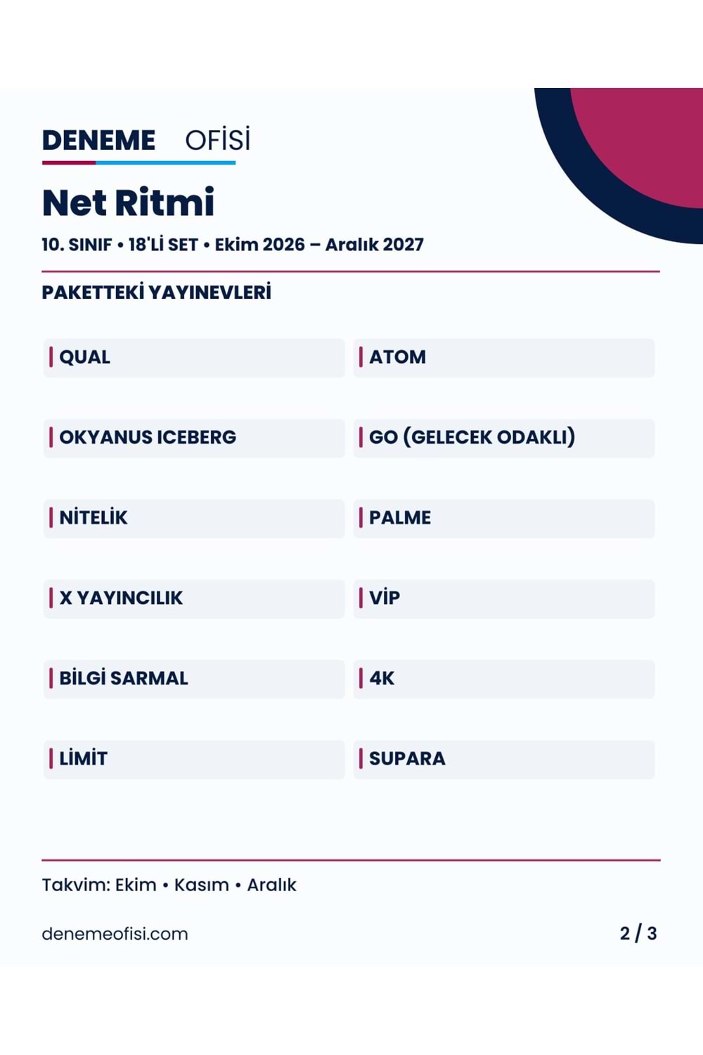 Net Ritmi 18'li 10. Sınıf Deneme Paketi – Seçenek 3 (2026–2027)