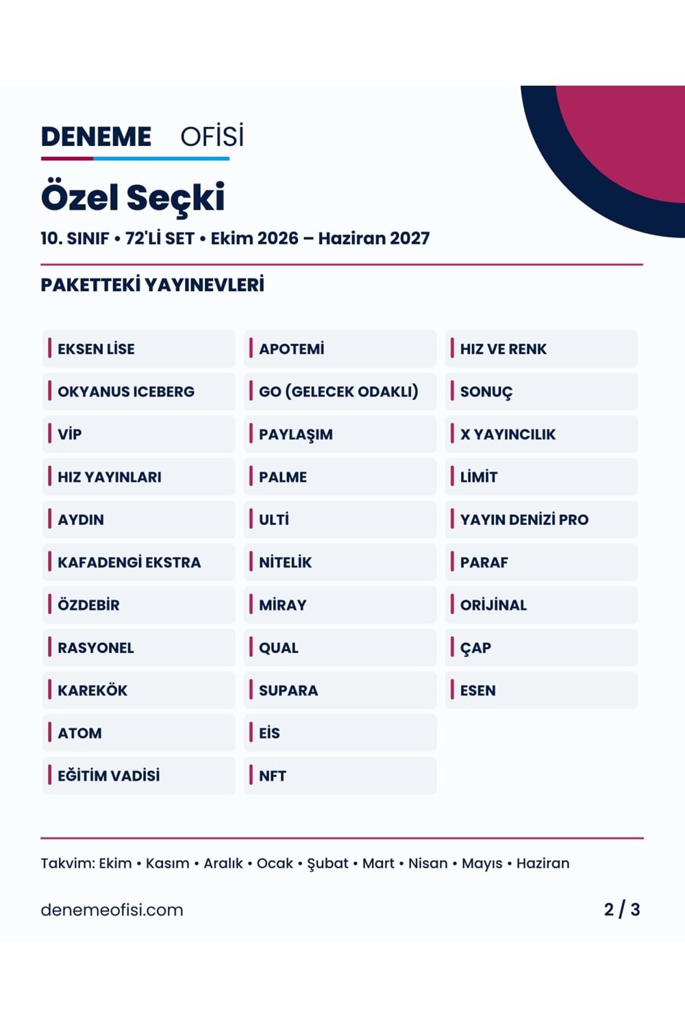 Özel Seçki 72'li 10. Sınıf Deneme Paketi – Seçenek 9 (2026–2027)