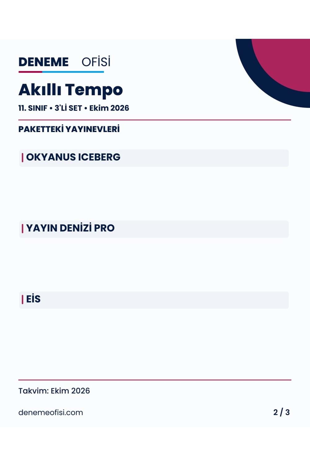 Akıllı Tempo 3'lü 11. Sınıf Deneme Paketi – Seçenek 6 (2026–2027)