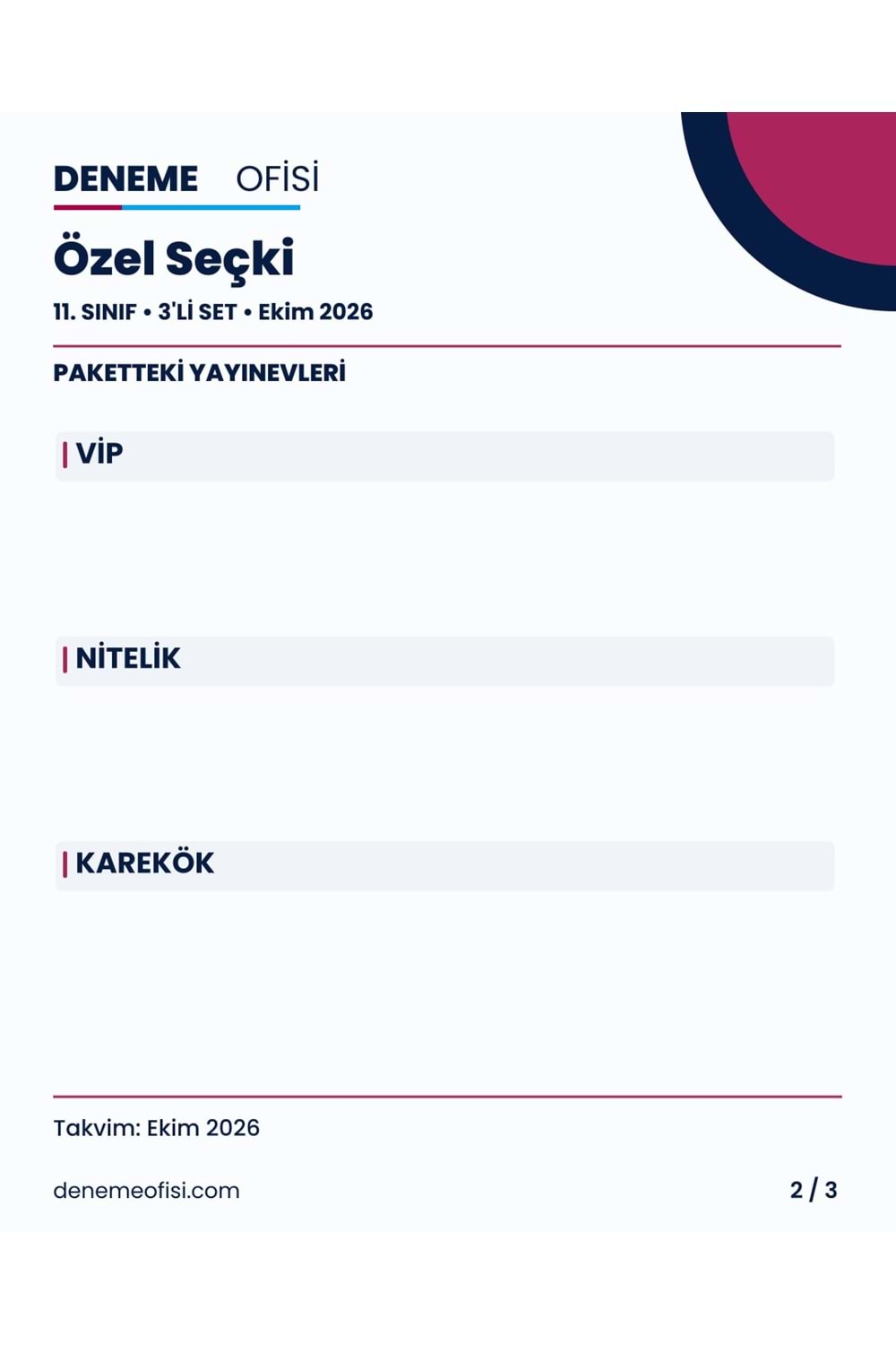 Özel Seçki 3'lü 11. Sınıf Deneme Paketi – Seçenek 9 (2026–2027)
