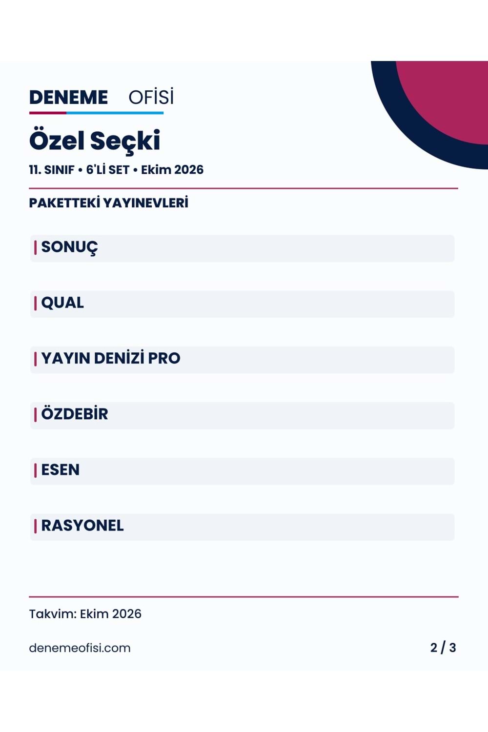 Özel Seçki 6'lı 11. Sınıf Deneme Paketi – Seçenek 9 (2026–2027)