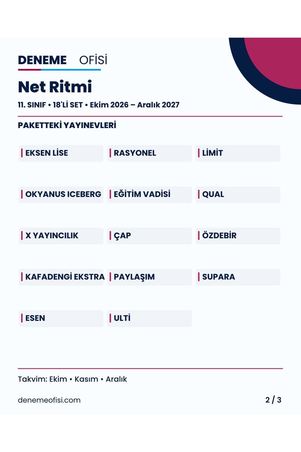 Net Ritmi 18'li 11. Sınıf Deneme Paketi – Seçenek 3 (2026–2027)