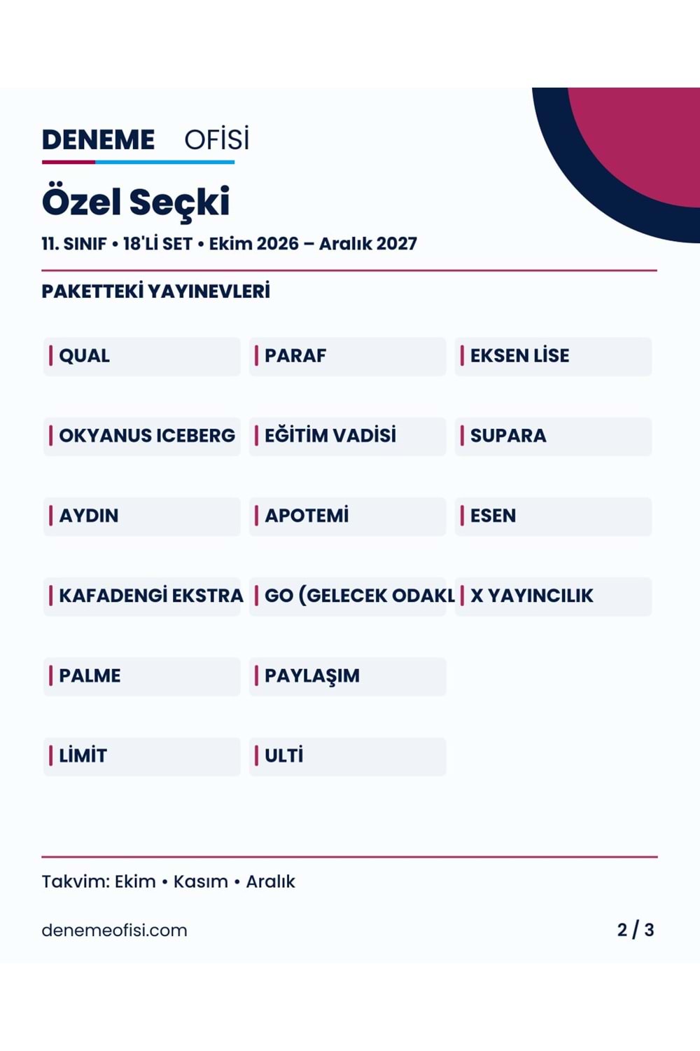 Özel Seçki 18'li 11. Sınıf Deneme Paketi – Seçenek 9 (2026–2027)