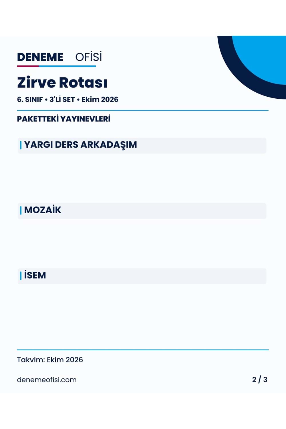 Zirve Rotası 3'lü 6. Sınıf Deneme Paketi – Seçenek 7 (2026–2027)