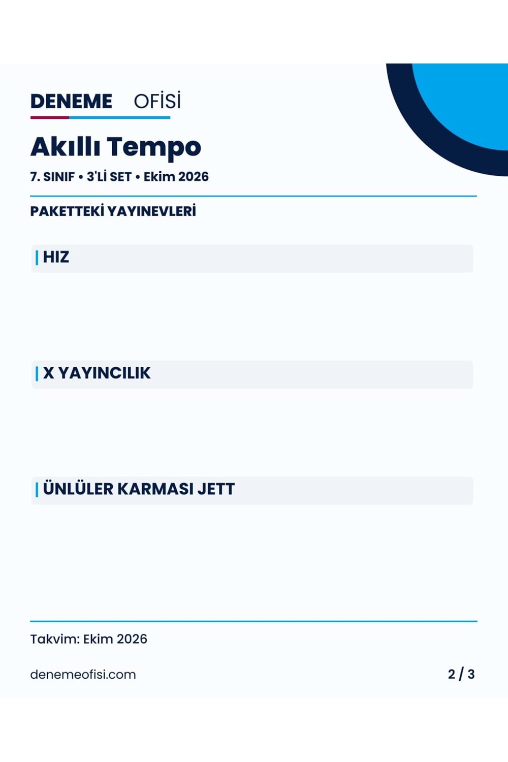Akıllı Tempo 3'lü 7. Sınıf Deneme Paketi – Seçenek 6 (2026–2027)