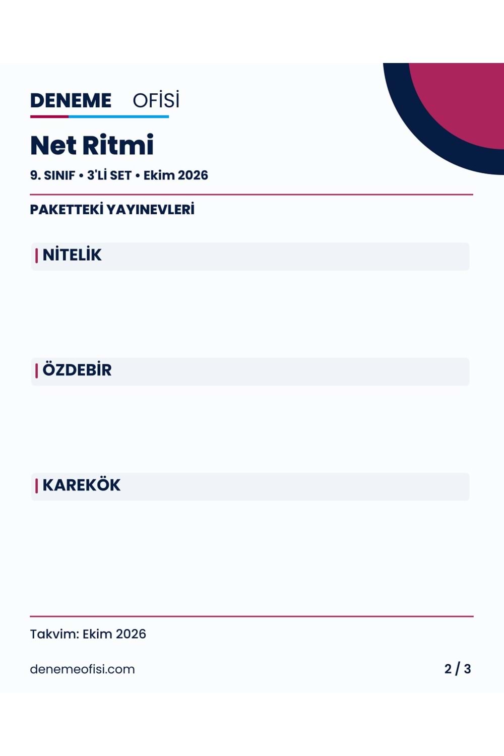 Net Ritmi 3'lü 9. Sınıf Deneme Paketi – Seçenek 3 (2026–2027)