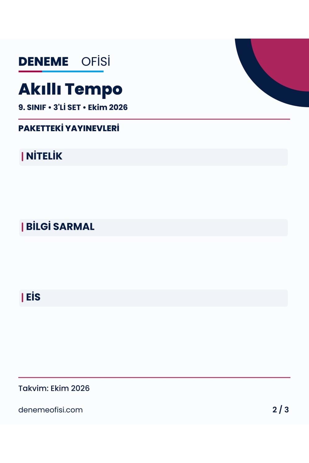 Akıllı Tempo 3'lü 9. Sınıf Deneme Paketi – Seçenek 6 (2026–2027)