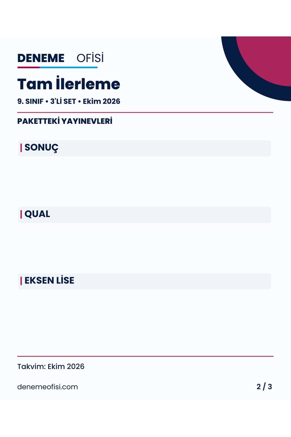 Tam İlerleme 3'lü 9. Sınıf Deneme Paketi – Seçenek 8 (2026–2027)