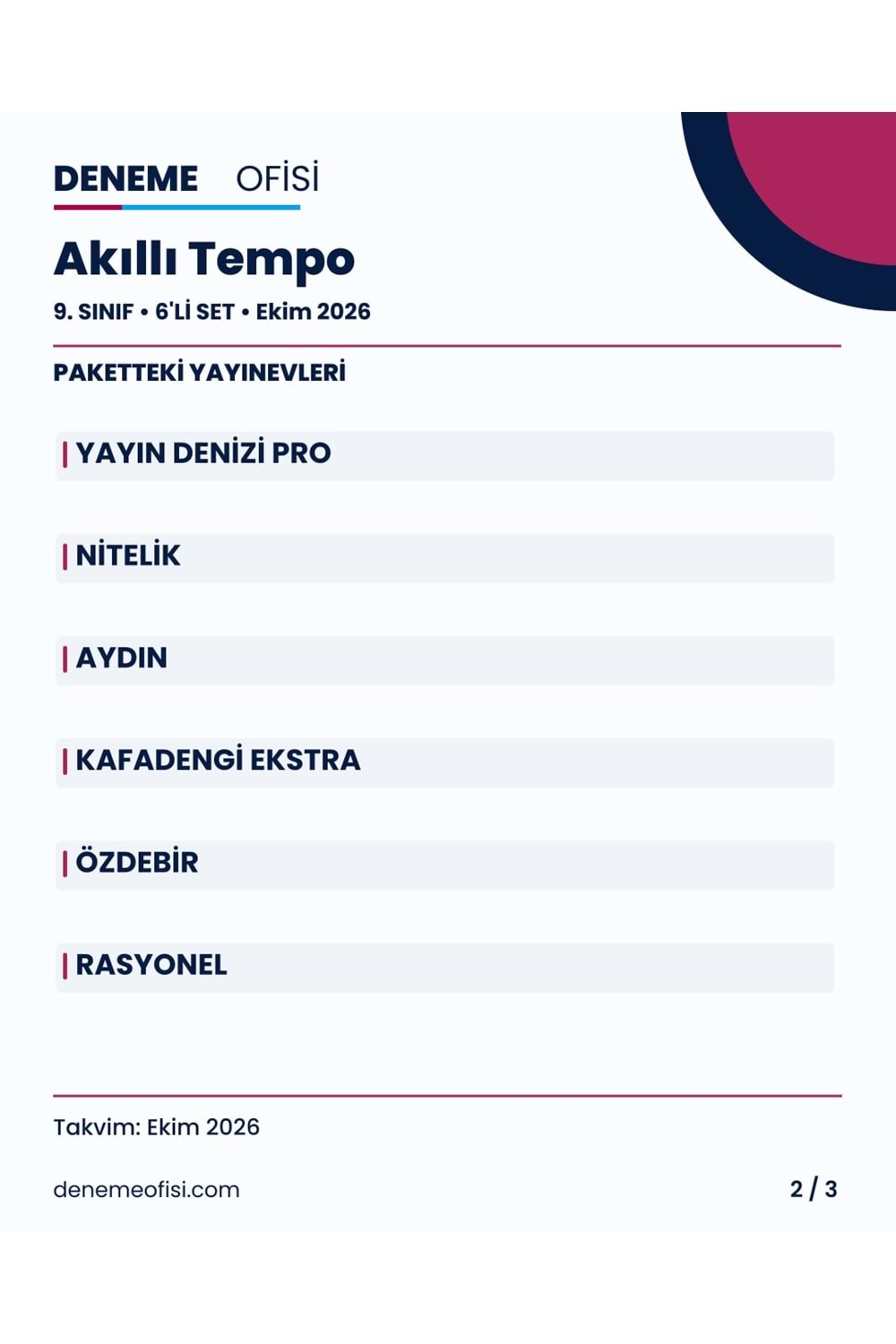 Akıllı Tempo 6'lı 9. Sınıf Deneme Paketi – Seçenek 6 (2026–2027)
